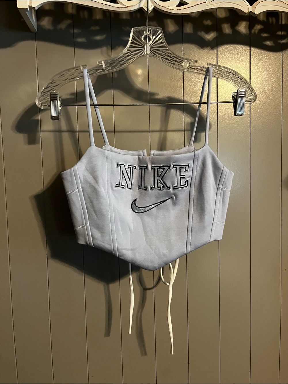 light blue reworked Nike corset top